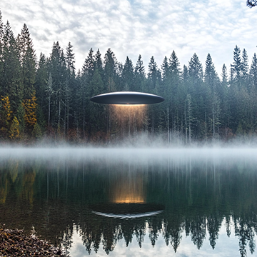 UFO Hovering over Lake - AI image created with Midjourney