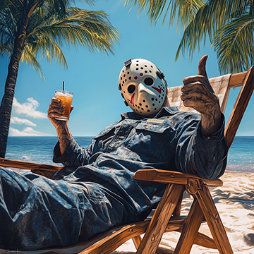 Jason Voorhees on Holiday after Summer Camp - AI image created with Midjourney